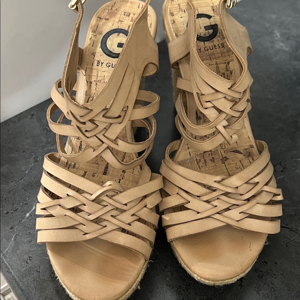 G by Guess Beige Strappy Wedge Sandals